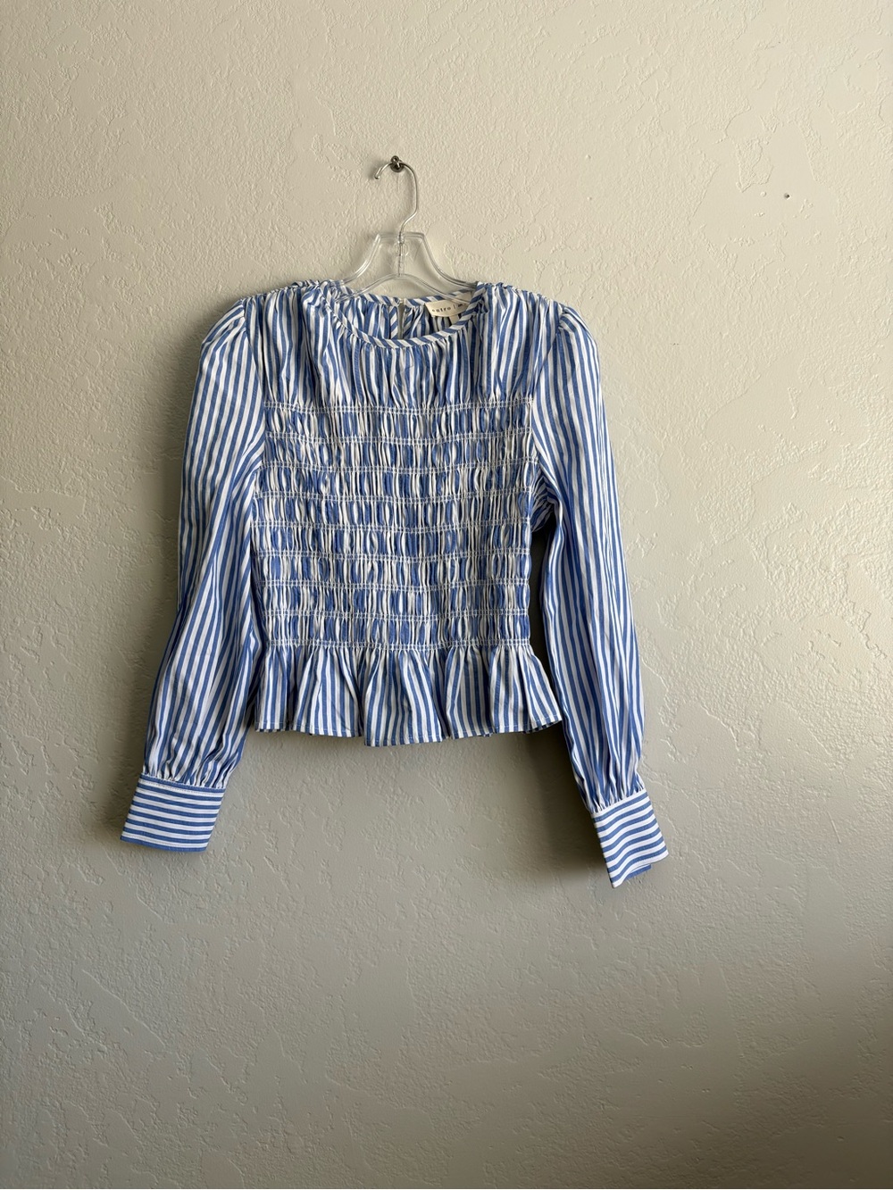 ❤️NEW entro Blue and White Striped Smocked Peplum Blouse